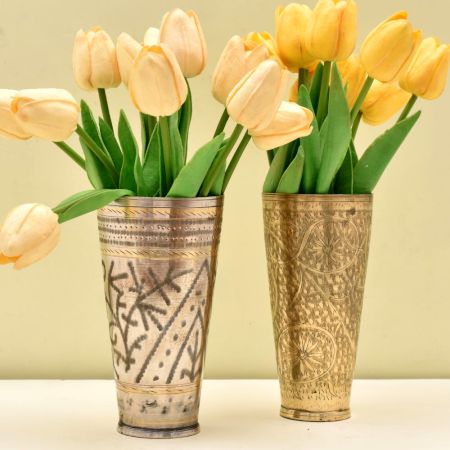 Golden Brass Embossed Floral Engraved Lassi Glass - Set of 2
